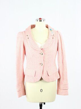 Vintage 00's FORNARINA Pink Houndstooth Wool Tweed Y2K Blazer Jacket, Size XS